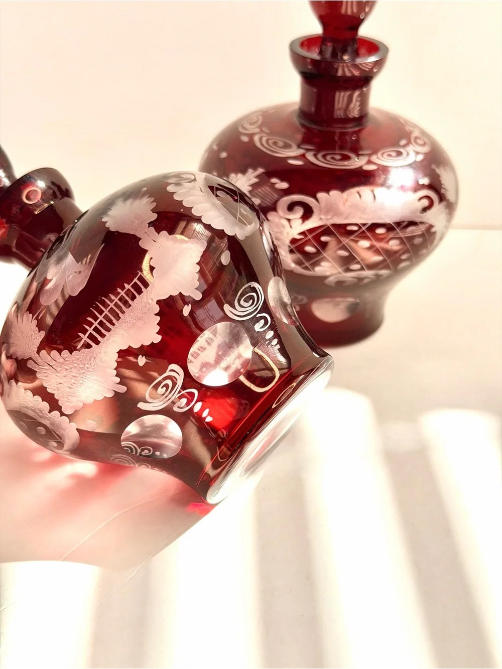 Egermann Ruby Cut To Clear Bohemian CZECH ART GLASS Bottles w/ Stoppers Set of 2